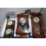 Two pendulum wall clocks, quartz clock and barometer, chrome mantel clock etc.