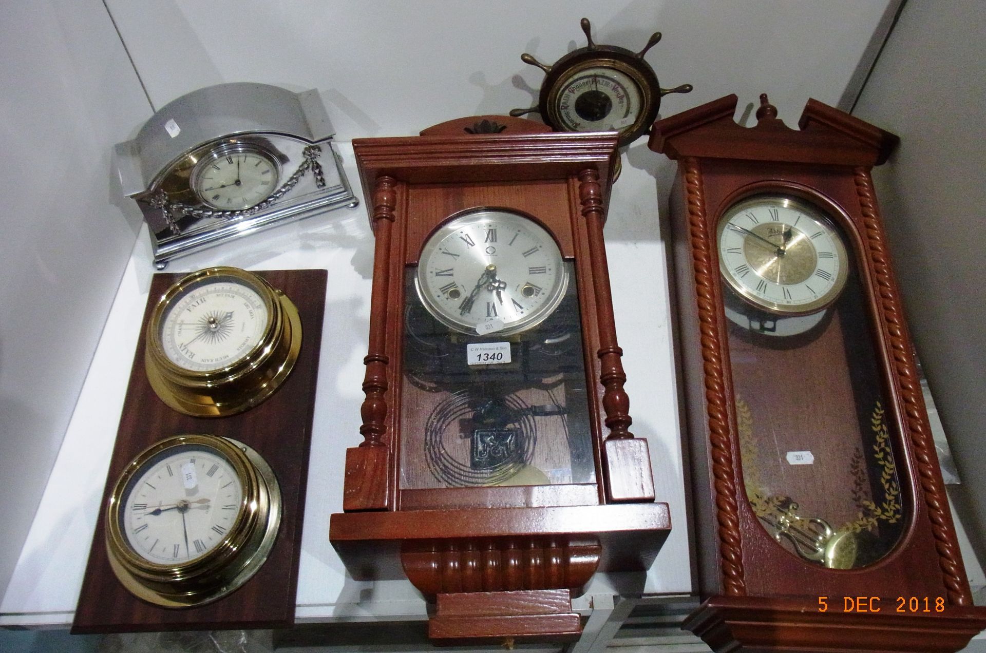 Two pendulum wall clocks, quartz clock and barometer, chrome mantel clock etc.