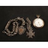 A continental silver pocket watch (as found) with two white metal watch chains and two silver fobs