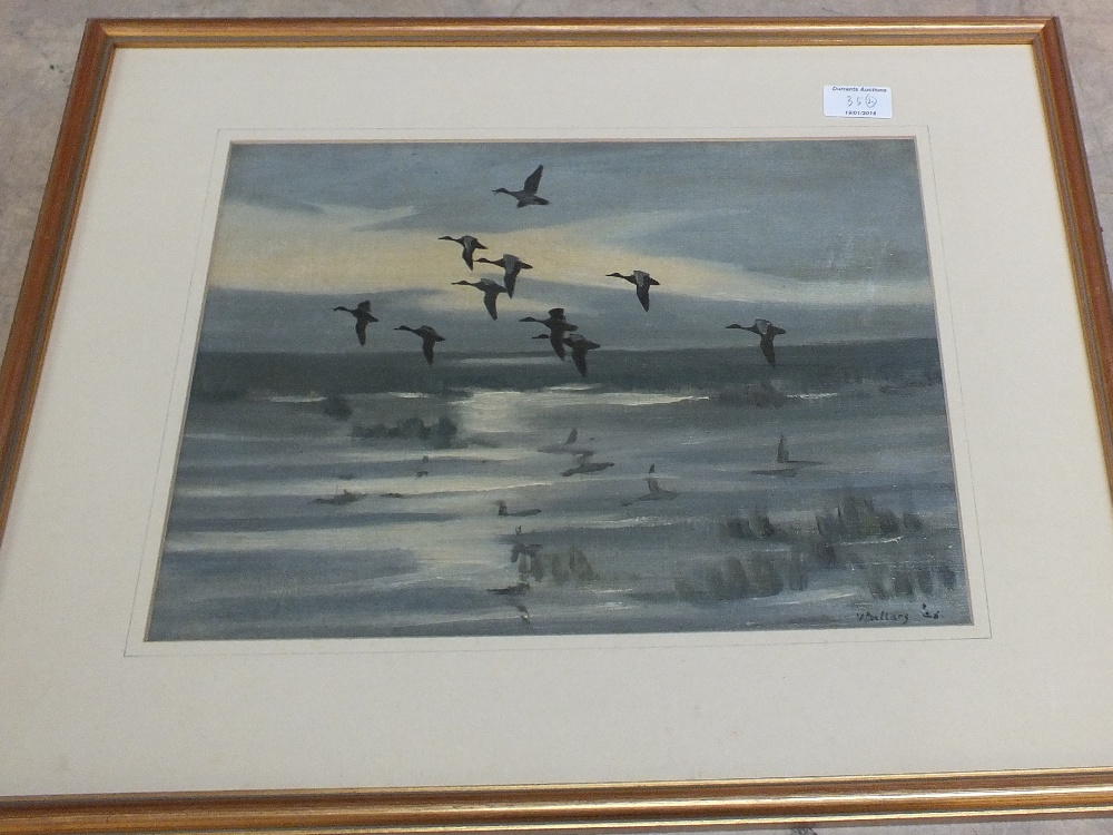 A pair of oils on canvas of ducks in flight, indistinctly signed, - Image 2 of 2