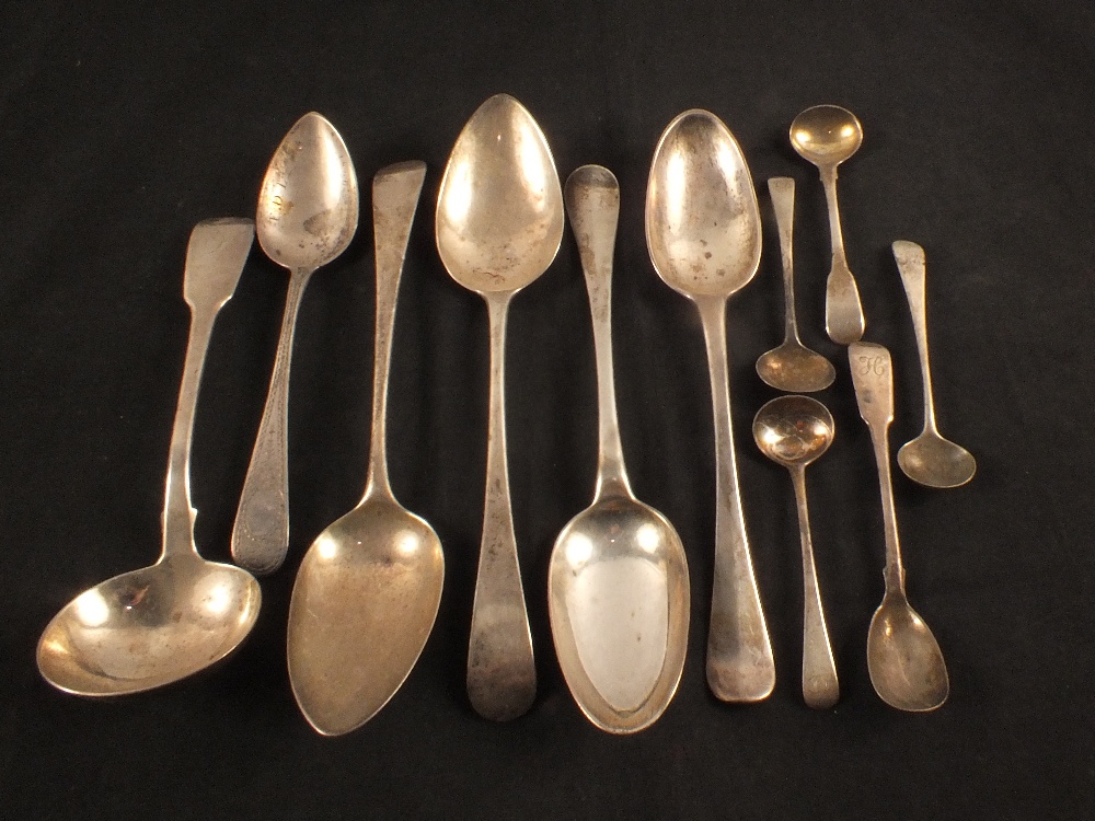 Two pairs of Georgian silver serving spoons plus an other and various condiment spoons