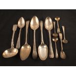 Two pairs of Georgian silver serving spoons plus an other and various condiment spoons