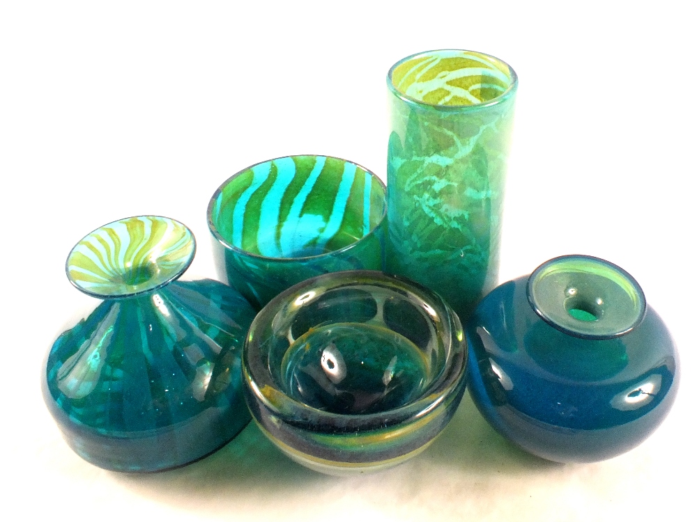 Five pieces of Mdina glassware including Ming pattern vases and bowls,