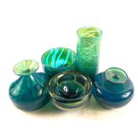 Five pieces of Mdina glassware including Ming pattern vases and bowls,