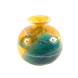 A Mdina glass blue and yellow globular vase with collared neck,