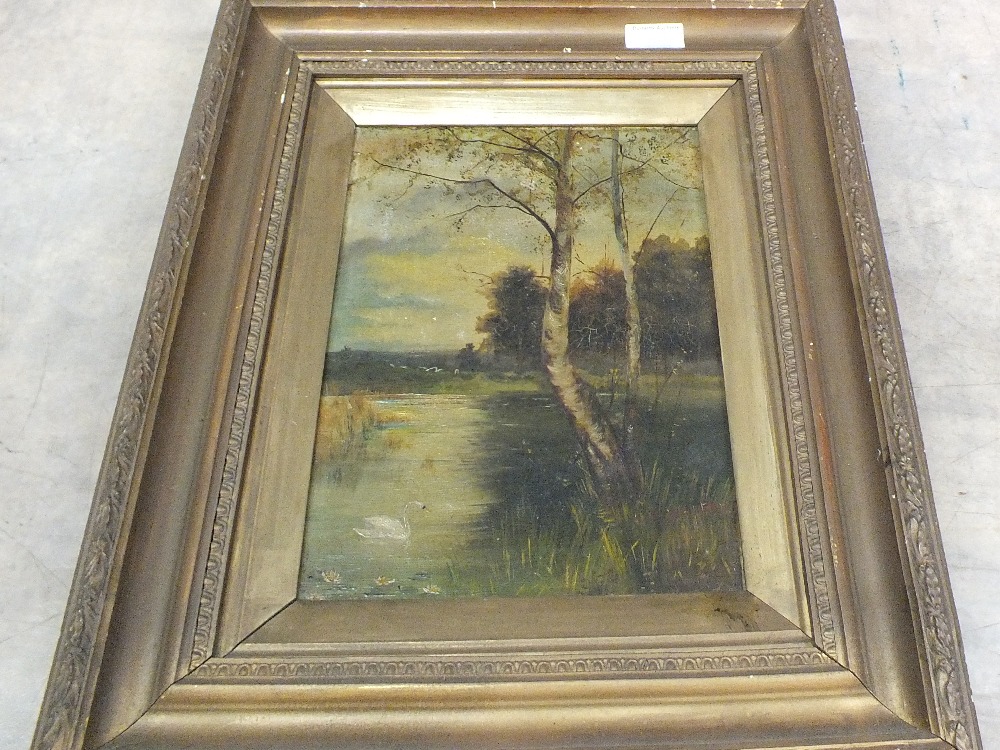 An oil on canvas of a lake scene with a swan plus three other pictures - Bild 4 aus 4