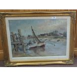 An oil on board of Lowestoft fishing boats plus a box of various prints