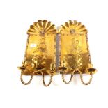 A pair of heavy 19th Century twin branch brass wall candle sconces,