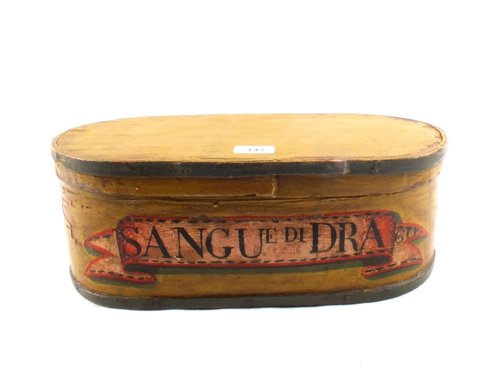 A 19th Century Italian lidded wood casket with painted decoration and inscription,