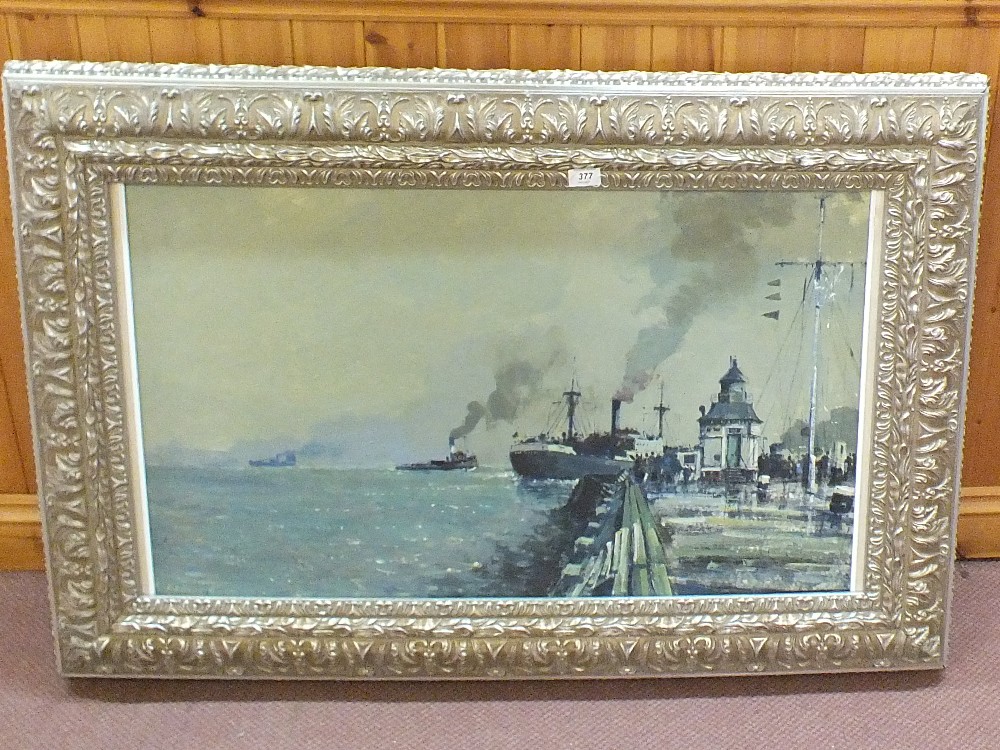 Geoffrey Chatten oil on board of Gorleston pier with steam vessels,