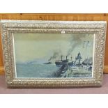 Geoffrey Chatten oil on board of Gorleston pier with steam vessels,