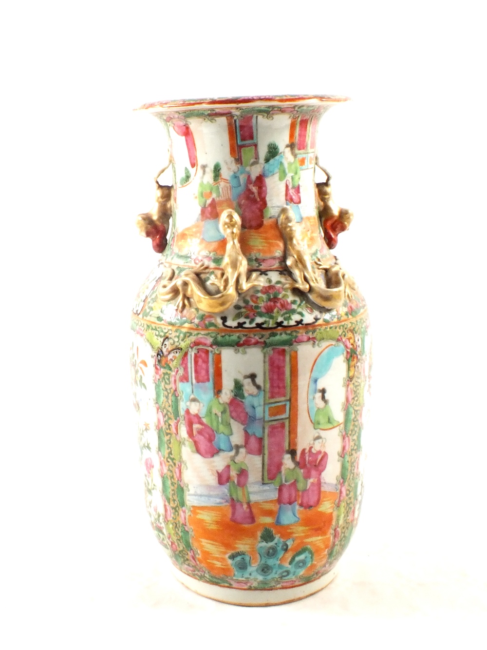 A 19th Century Cantonese figure, bird and floral vase with gilt dragon appliques,