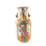 A 19th Century Cantonese figure, bird and floral vase with gilt dragon appliques,
