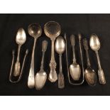 A Victorian silver ladle, sifter spoon and tongs together with a set of six teaspoons,