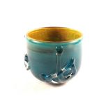 A Mdina glass Chinese bowl, turquoise and green with applied clear glass characters, signed Mdina,