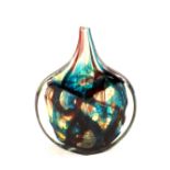 A Mdina glass fish vase in blue, yellow and purple colours,