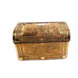 An Art Nouveau embossed brass four division stationery box on four bun feet