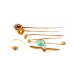 A mixed lot of gold and yellow metal jewellery including two stone set 9ct gold brooches,