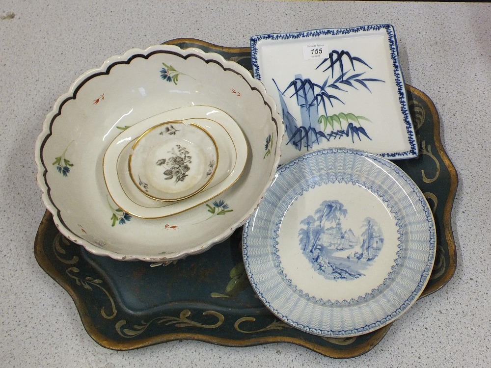 A 19th Century Faience bowl and other china plus a painted tin tray