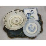 A 19th Century Faience bowl and other china plus a painted tin tray