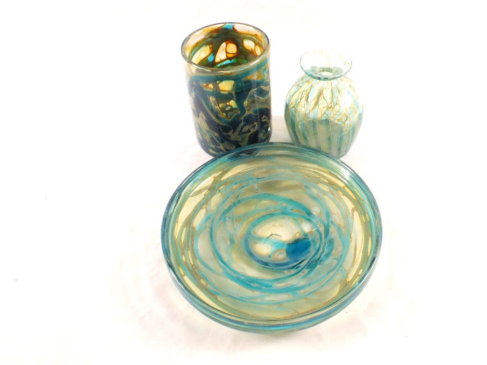 Three pieces of blue and yellow Mdina glass, shallow footed bowl, striped vase plus a cylinder vase,
