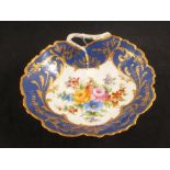 A Limoges style porcelain leaf shaped dish with blue ground,