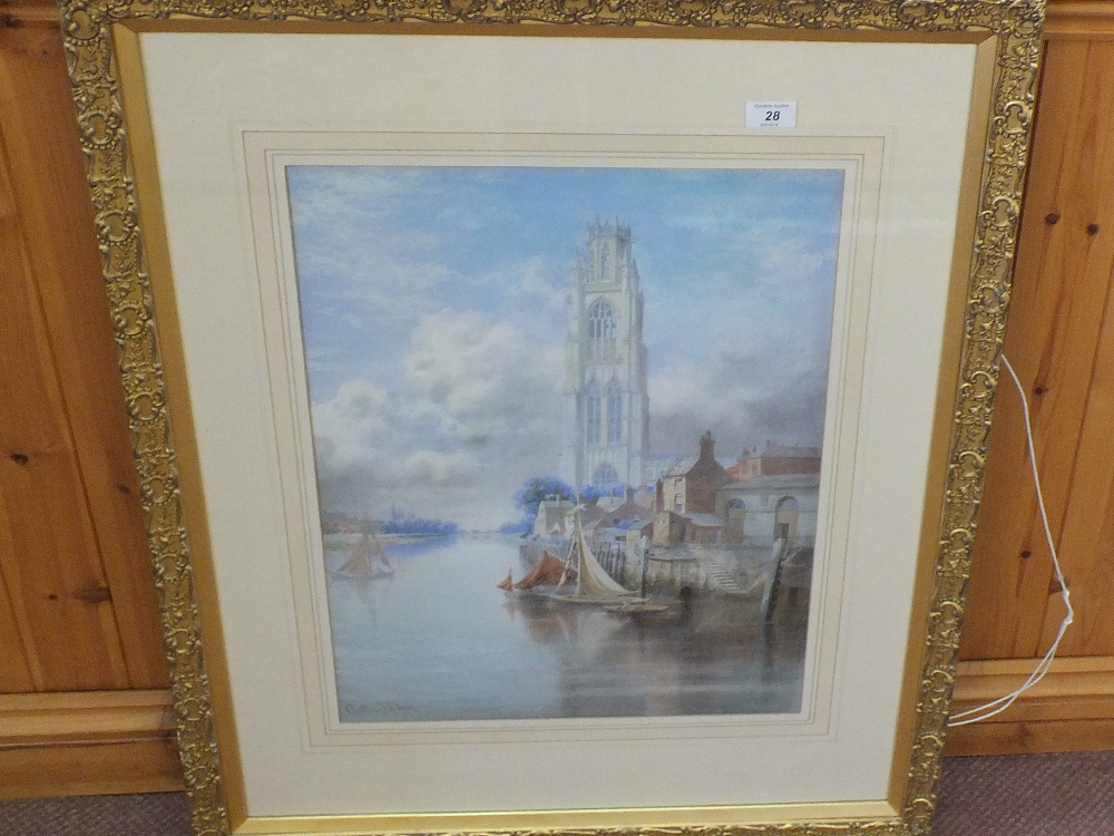 Arthur Wilson watercolour of Boston Stump and river scene with sailing boats,