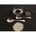 Silver salt spoons, white metal perfume funnel,