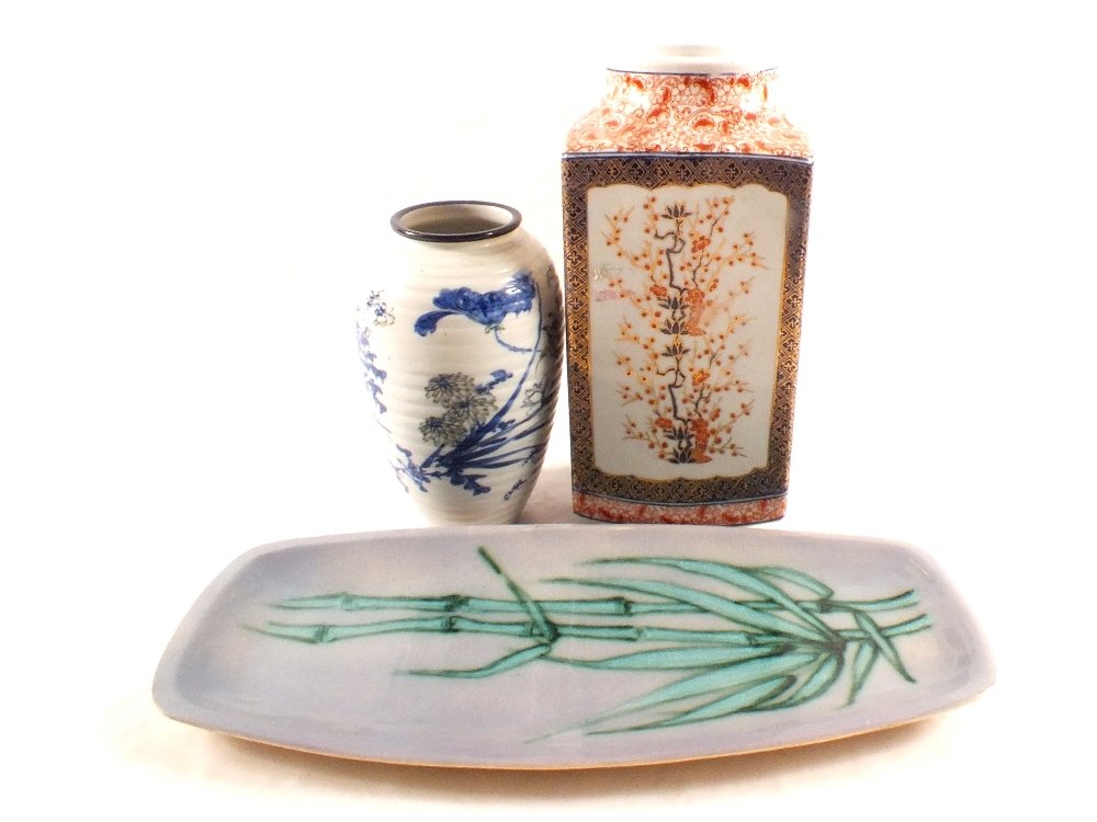 Chinese and Japanese floral vases plus a bamboo decorated plate