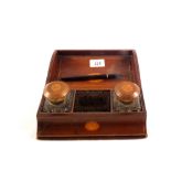 An Edwardian inlaid mahogany two bottle inkstand