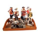 Various porcelain figurines including four Musketeers and animals ornaments etc (two trays)