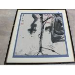 A signed Japanese watercolour of mammals in trees,