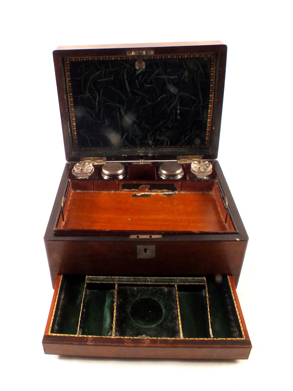 A Victorian rosewood toilet and writing slope with silver plated jars - Image 2 of 2