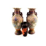 A pair of 19th Century Japanese floral vases plus a black lacquer vase (as found)