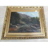 An oil on canvas of a mountain stream,