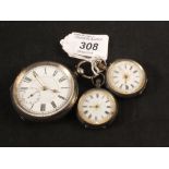 Two silver fob watches plus a pocket watch