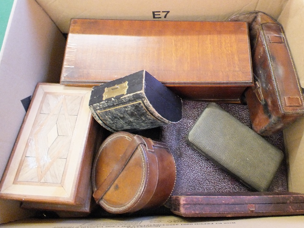 A leather cased hip flask plus miscellaneous boxes