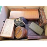 A leather cased hip flask plus miscellaneous boxes