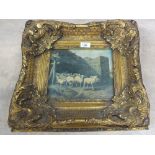 Two sheep and seascape pictures in heavy gilt frames