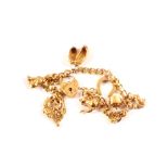 A 9ct gold charm bracelet with various 9ct gold charms including squirrel, imp, clogs,