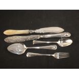 Five pieces of silver cutlery including a preserve spoon