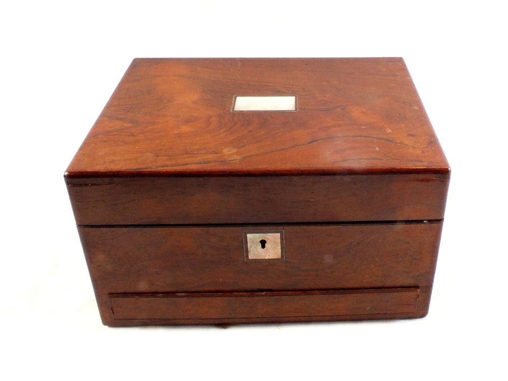 A Victorian rosewood toilet and writing slope with silver plated jars