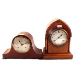 An inlaid oak striking mantel clock plus one other in mahogany case