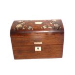A small 19th Century rosewood and mother of pearl inlaid dome top three compartment box