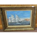 An oil on board of a three masted ship plus two copy Trery prints