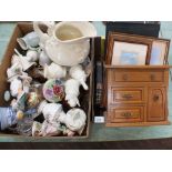 A porcelain floral encrusted jug and jewel cabinet, china, glass,