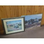 Two framed tractor jigsaws plus various prints including two woven silk pictures