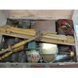 A case containing a weaving loom and sundries including brass fire irons