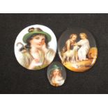 Two continental oval miniature portraits on porcelain plus one other of children and lamb