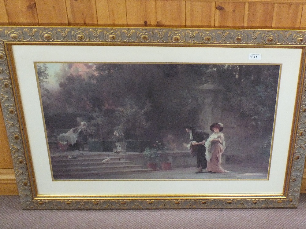 A print of an Edwardian scene in gilt frame and plus a circular frameless mirror